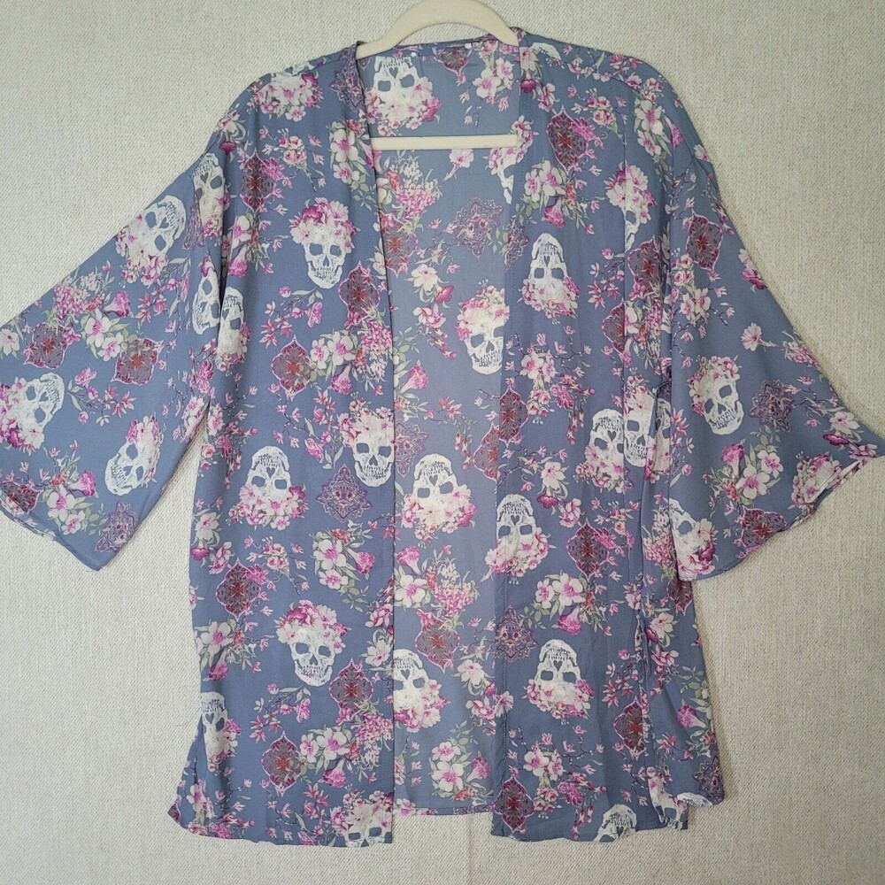SKULLS Floral Kimono pastel Cover Up Women Medium Blue Pink